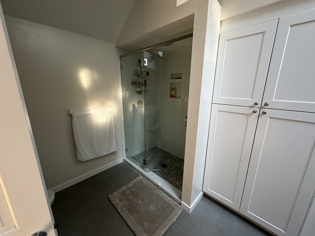 Glass shower enclosure and tall storage cabinetry
